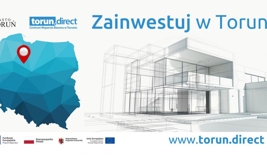Projekt billboardu promujący potencjał gospodarczy Miasta Torunia w ramach projektu Invest in BiT CITY 2 . Po lewej stronie znajduje kontur mapy Polski z zaznaczoną lokalizacją Torunia. Po prawej widoczny jest rysunek przedstawiający naszkicowany budynek, a nad nim hasło "Zainwestuj w Toruniu!". Z lewym górnym i lewym dolnym znajdują się logotypy instytucji zaangażowanych w projekt. W prawym dolnym rogu widoczny jest adres strony internetowej www.torun.direct. 