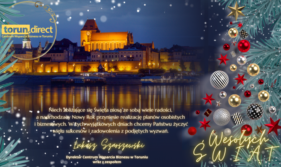 Zdjęcie panoramy Torunia z tekstem świątecznych życzeń