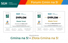 Grafika przedstawia dyplom Złotej Gminy na 5! SGH w Warszawie 