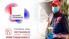 Grafika z logotypem Kujawy i Pomorze i tekstem Toruńska Baza restauracji na wynos i z dowozem 