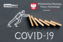 Grafika przedstawia postać podnoszącą domino i logotypy Ministerstwa Rozwoju Pracy i Technologii i CWB