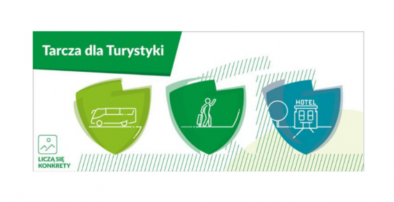 Grafika promująca Tarczę dla Turystyki. Rysunki autobusu, podróżującego człowieka i hotelu widnieją w róznokolorowych tarczach na białym tle