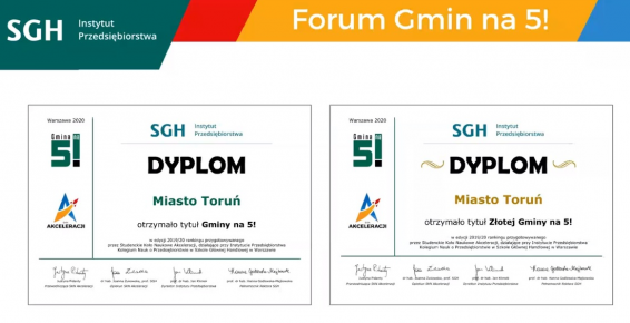 Grafika przedstawia dyplom Złotej Gminy na 5! SGH w Warszawie 