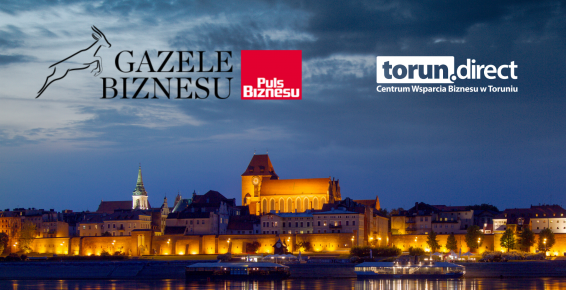 Grafika z panoramą Torunia i logotypem Gazele Biznesu 