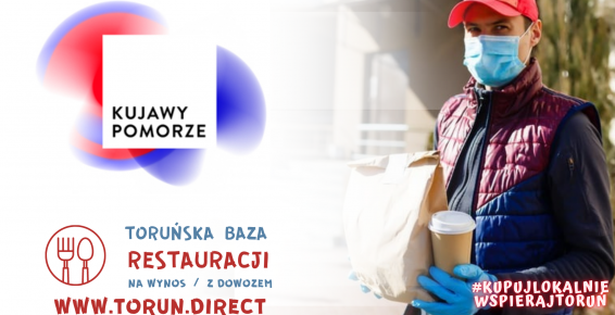 Grafika z logotypem Kujawy i Pomorze i tekstem Toruńska Baza restauracji na wynos i z dowozem 
