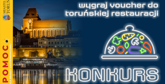 Grafika przedstawia panoramę Torunia wraz z opisem KONKURS: wygraj voucher do toruńskiej restauracji 