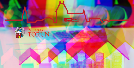 Grafika z pieniędzmi i nieruchomościami, w tle panorama Torunia