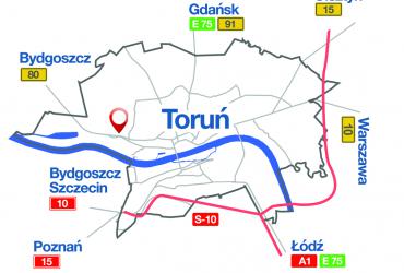 Mapa Torunia z zaznaczoną lokalizacją działki wystawionej na sprzedaż