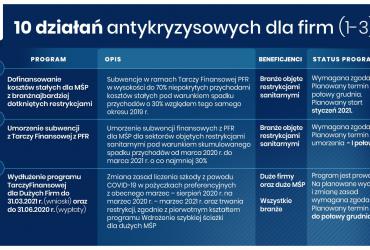 Infografika przedstawiająca 10 działań antykryzysowych dla firm. Jej treść jest zawarta w artykule